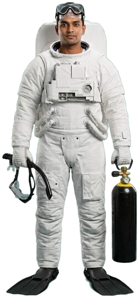 An astronaut in a spacesuit wearing a diving mask, snorkel and flippers with a scuba tank, a candidate dressed for the wrong job