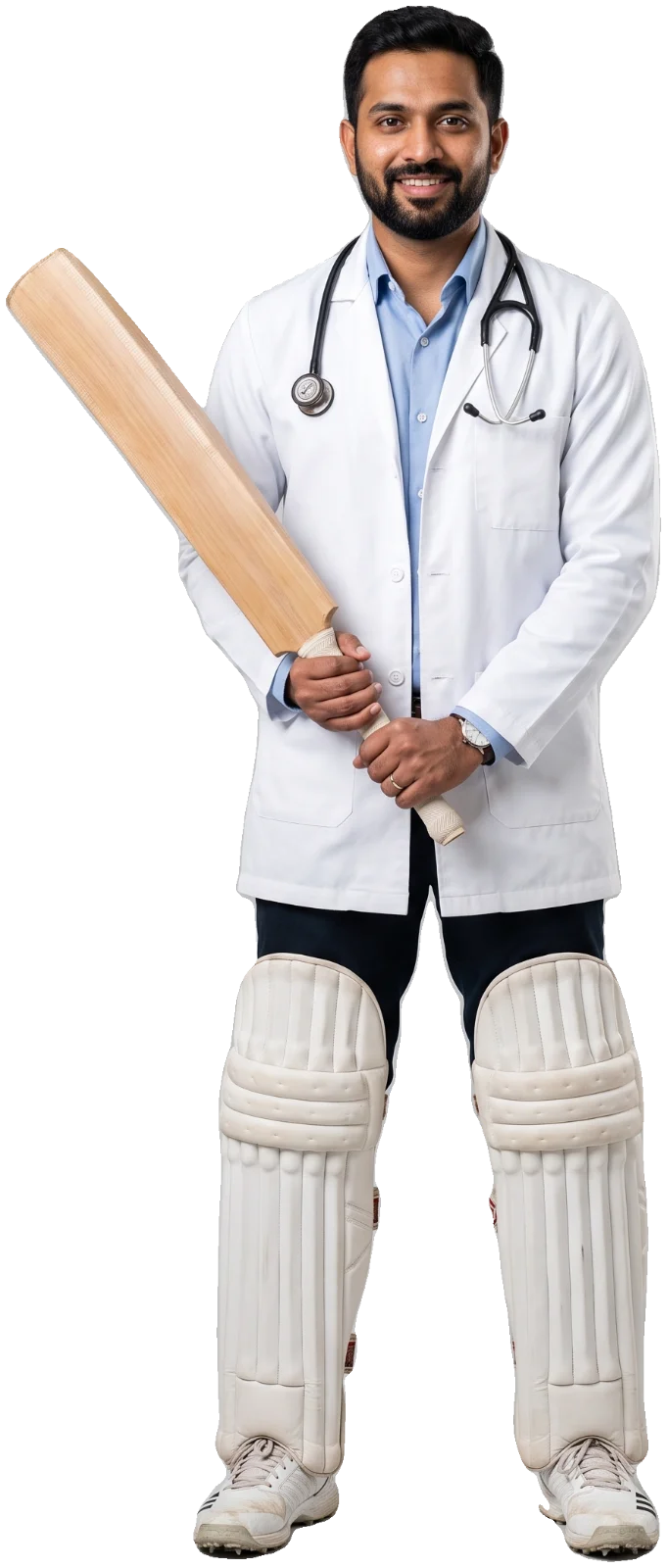 A doctor in a lab coat and stethoscope wearing cricket leg pads and holding a bat, a candidate dressed for the wrong job