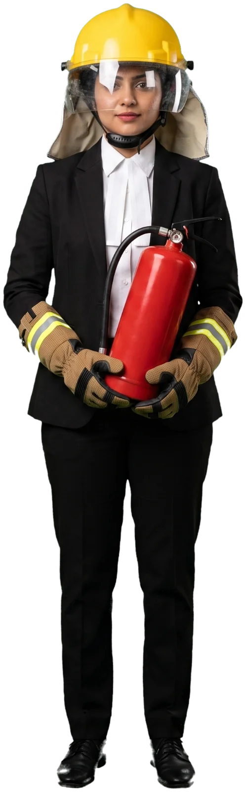 A lawyer in a business suit wearing a firefighter helmet and gloves holding an extinguisher, a candidate dressed for the wrong job